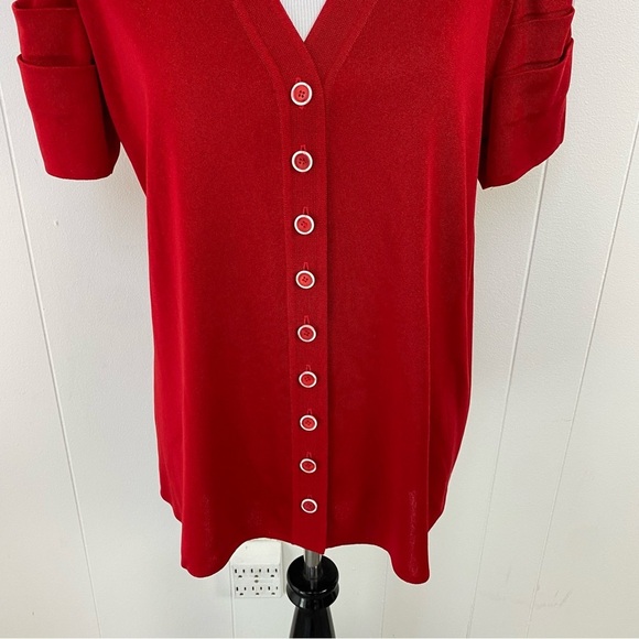 EXCLUSIVELY Misook Red Pleated Statement Short Sleeve Button Cardigan Top XL - Picture 3 of 16